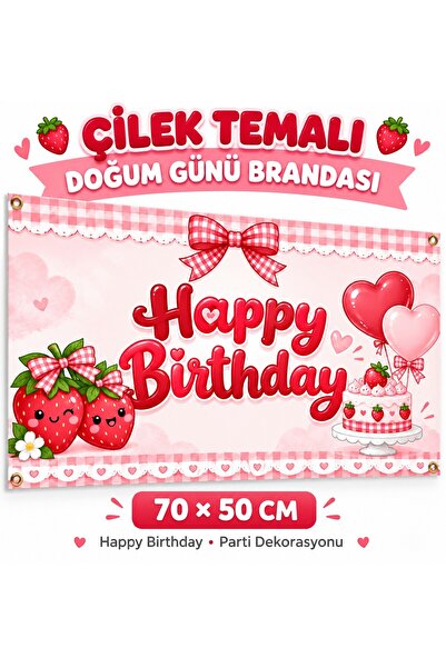 Bkmc Strawberry Themed Birthday Vinyl Banner 140X100 cm Happy Birthday Birthd...
