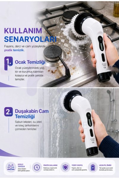 çt çeçem ticaret Şarjlı Ve Elektrikli Temizlik Fırçası Turbo Dönüş Teknolojisi Mutfak, Banyo 8 farklı başlık cam silme aparatı