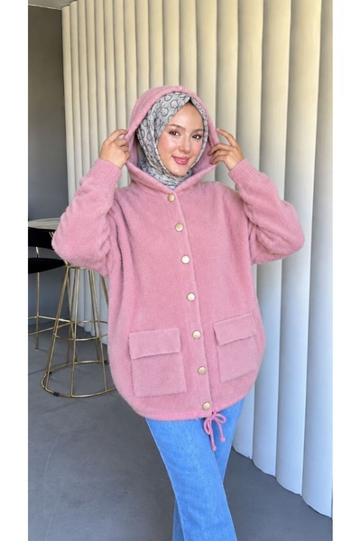 Nes Moda Kadın Kapüşonlu Cep Detaylı Angora Yumuşacık Triko Hırka