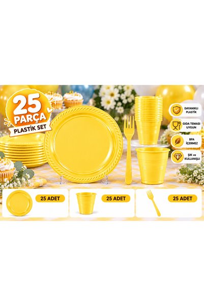 eğlencemarketi 25’li Plastik Tabak Bardak Çatal Seti 75 Parça Doğum Günü Part...