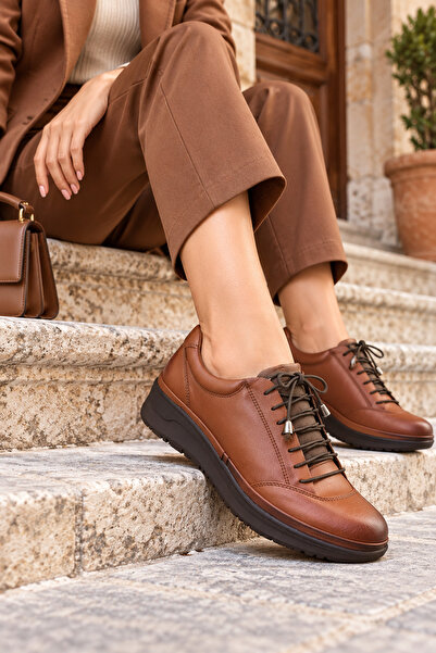 Ayakkabı Vakti Women's Genuine Leather Soft Rubber Laced Comfortable Daily Ca...