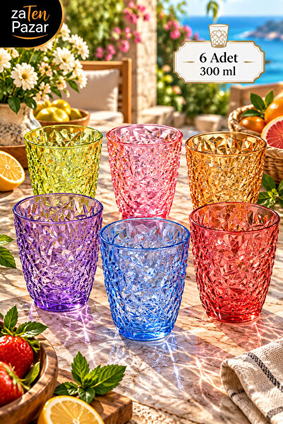 zaTen Pazar 6'lı Renkli Cam Bardak Seti 300 ml Kristal Kesim Prizma Desenli S...