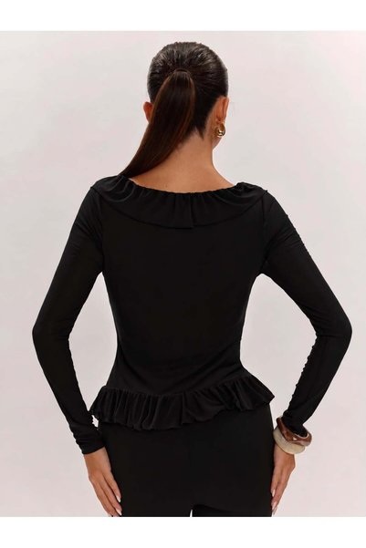 eybetsa Women's Minimalist French Style Long Sleeve Flounce Blouse