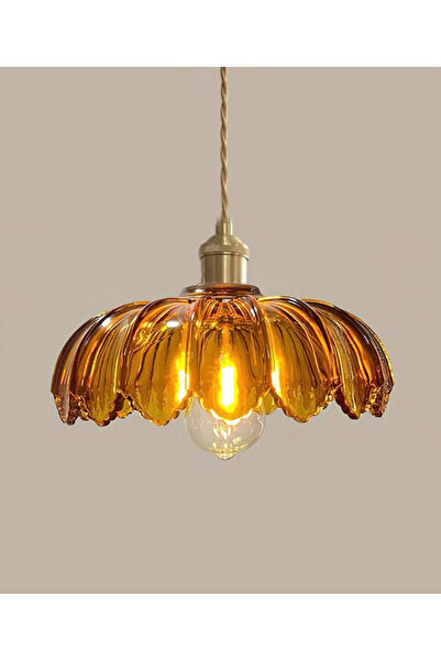 burenze Bella Cam Classic Orijinal El Yapımı Amber Bal Renk Camlı Sarkıt Avize Eskitme Gold Gövde