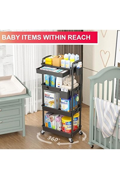 GENERAL Black 3/4-Tier Rolling Storage Trolley with Detachable Drawer, Heavy Duty Organizer Cart with 2 Lock