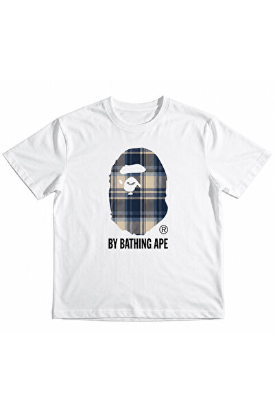 KIZ ERKEK ÇOCUK BAPE MAVİ EKOSELİ ÖN BASKILI %100 PAMUKLU ORGANİK T-SHİRT