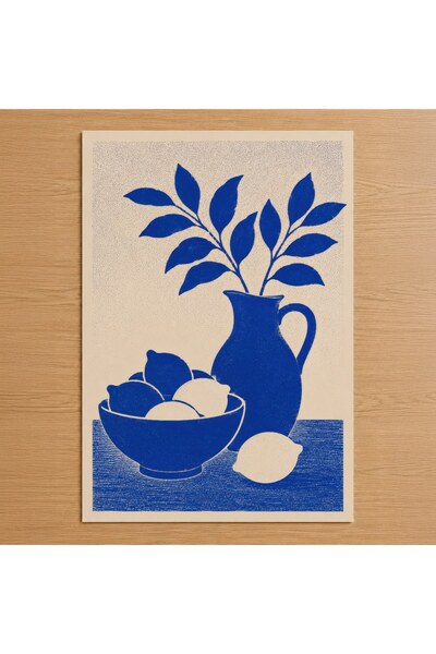Kobalt Mavisi Bej Limon Çömlek Minimalist Natürmort Poster
