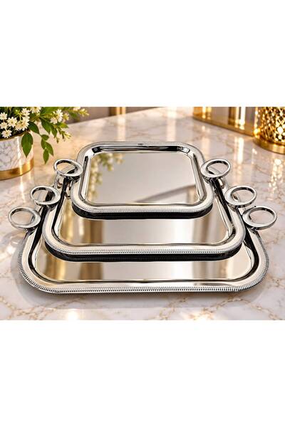 aljahwari Set of 3 Serving Trays Nickel Hand Round Heavy Duty