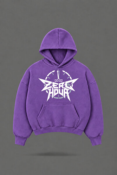 EVIus Oversize Zero Hour Printed Hooded Purple Sweatshirt