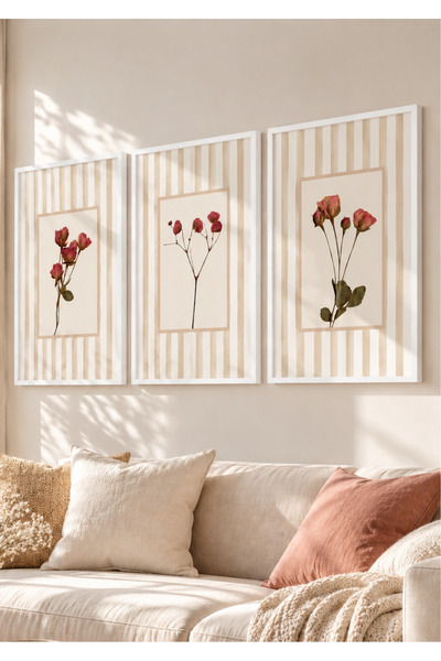 NT Handmade مجموعة لوحات جدارية من 3 قطع بإطار خشبي طبيعي بتصميم الورد العتيق...