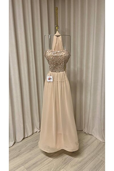 Boutique 219 فستان سهرة، لون بيج، نود، كورسيه مطرز، شيفون، طويل، وشاح رقبة، إ...