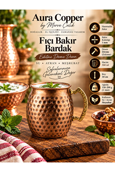 AURA COPPER Fıçı Bakır Bardak Dövme Kulplu Ayran Su Meşrubat Bardağı KC-00013...