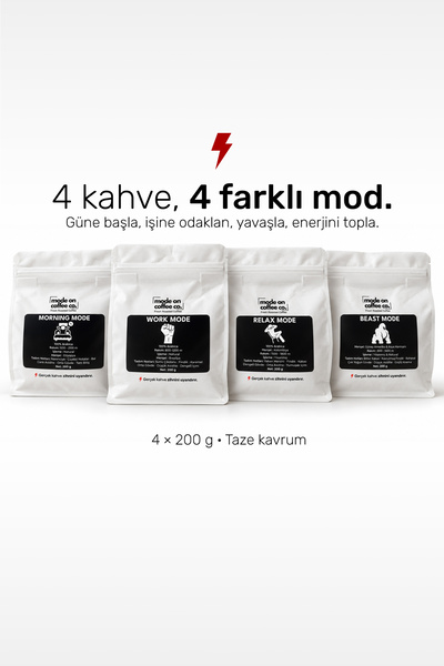 Tanışma Seti 4 x 200 gr Filtre ve Espresso Kahve | Morning · Work · Relax · Beast Mode
