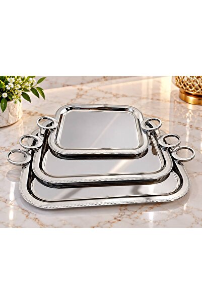 aljahwari 3-Piece Serving Tray Set Silver Heavy Round Handcrafted