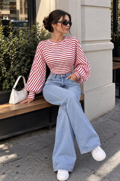 QBZ Striped balloon sleeve blouse