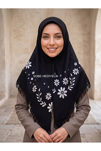 Sobe Hediyelik وشاح رأس قطني أسود مزين بشراشيب مقاس 105x105 سم - وشاح رأس يوم...