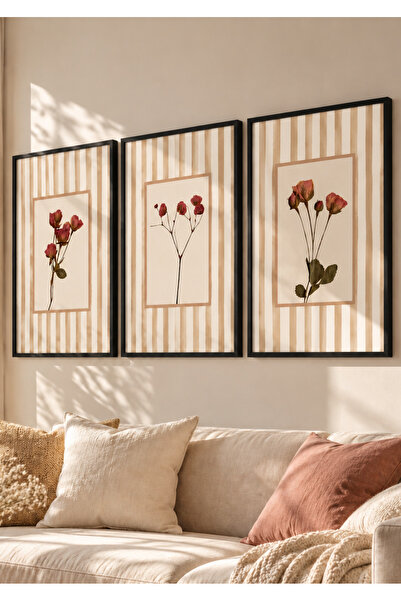 NT Handmade Natural Wood Framed 3-Piece Vintage Rose Wall Decor Painting Set ...