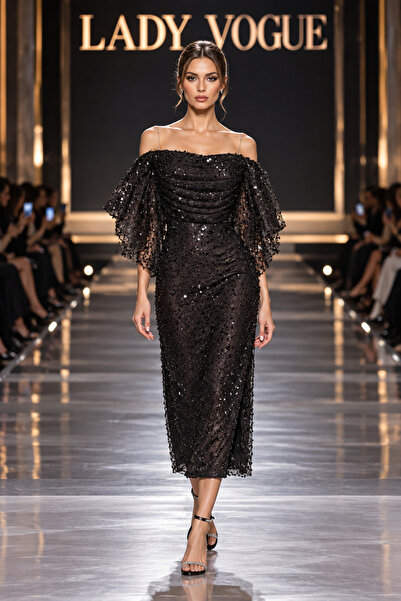Lady Vogue Kadın Siyah Gri Payet İşlemeli Drape Yaka Midi Abiye Elbise