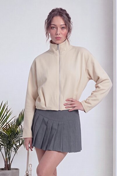 zks grup tekstil Women's Bomber Jacket with Zipper, Crop Style, Seasonal, Kha...