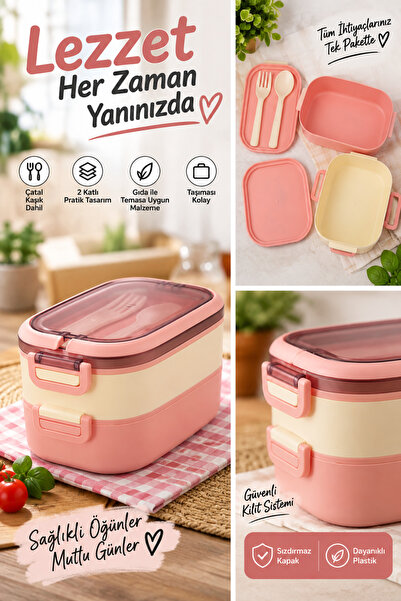 2 Katlı Beslenme Kabı Çatal Kaşıklı Kilitli Kapaklı Plastik Yemek Taşıma Kutusu Lunch Box Pembe