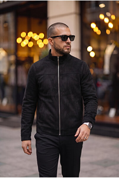 BASEL.CO Basic Slim Fit Seasonal Stand Collar Suede Jacket