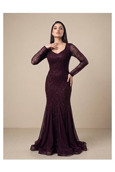 DVNA Luxury Burgundy Evening Dress with Sparkling Embroidery and Flowing Silh...