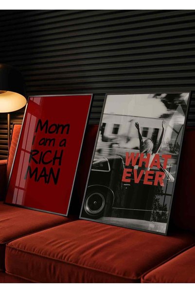 Buka Shops Mom I Am a Rich Man ve Whatever 2'li Tablo Seti Yazılı – Çerçeveli