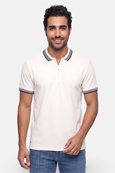 KENSINGTON Men Regular Fit Brand Logo Short Sleeve Polo Shirt, Cream