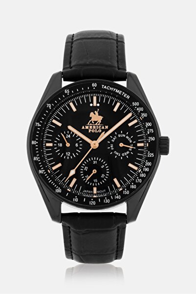 American Polo Men APBKBK110G Leather Analog Watch 50mm, Black