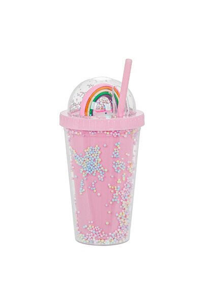 OEM Plastic Cup with Lid and Straw Pink Confetti Rainbow 450ml