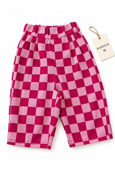BAHNUR Gabardin Kumaş Unisex Çocuk Fuşya Pembe Damalı Salaş Balon Kesim Beli ...