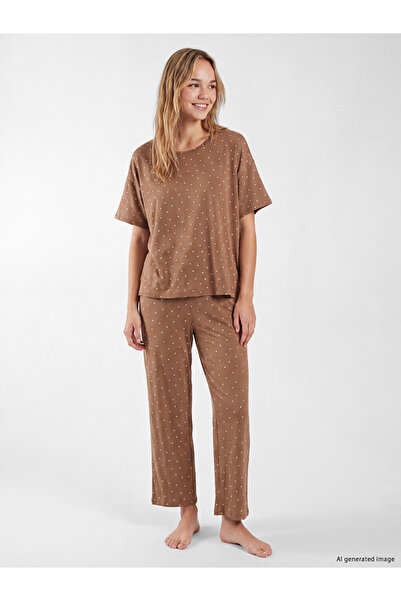 LC Waikiki Vizyon New Season Brown Crew Neck Patterned Women's Capri Pajama Set
