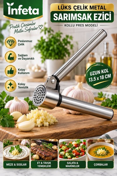 İnfeta 13.5X18 cm Steel Garlic Crusher with Long Handle and Round Chamber