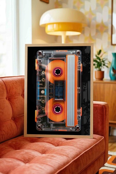 Buka Shops Şeffaf Turuncu Kaset Tablosu Retro Müzik Siyah Zemin – Turuncu Kas...