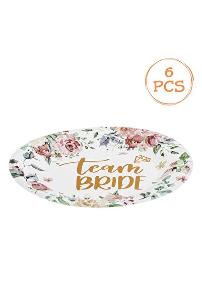 OEM Farfurii din Carton Alb cu Flori din Folie Roz Aurie Team Bride Ø18cm - 6buc