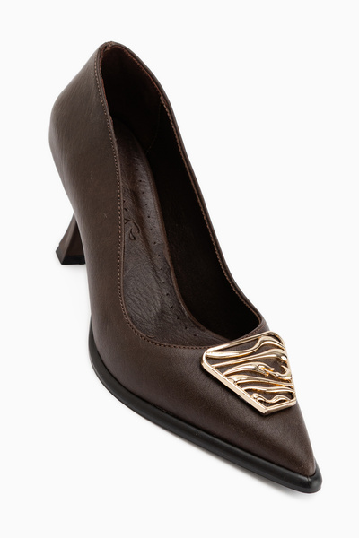 Limoya Danya Genuine Leather Brown Buckle Women's Heeled Shoes