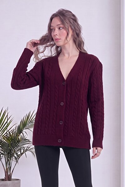 zks grup tekstil Women's Cardigan V-Neck Hair Knit Patterned Buttoned Knitwea...