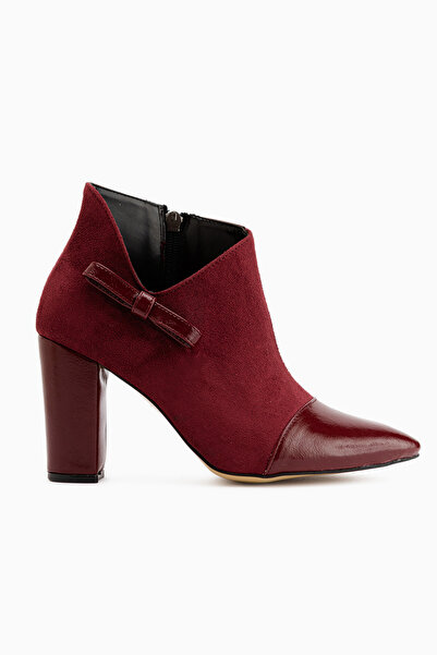 Limoya Jami Burgundy Suede Bow Detailed Pointed Toe Heeled Women's Boots