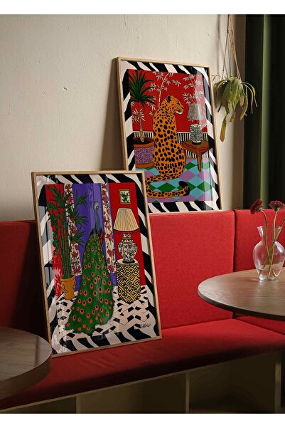 Buka Shops Tavus Kuşlu Oda ve Leoparlı Oda 2'li Tablo Seti Maksimalist Oda – ...