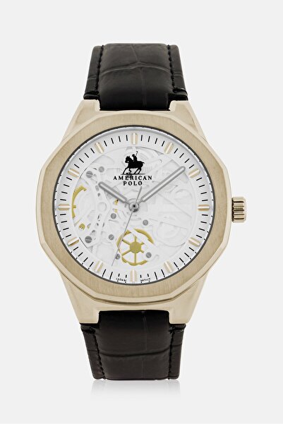 American Polo Men APSSW119G Genuine Leather Analog Watch 42 mm, Black