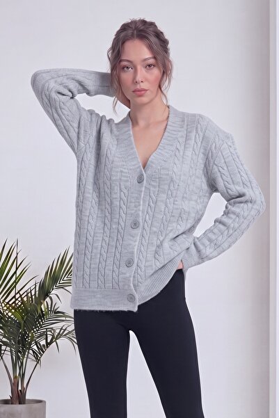 zks grup tekstil Women's Cardigan V-Neck Hair Knit Patterned Buttoned Knitwea...