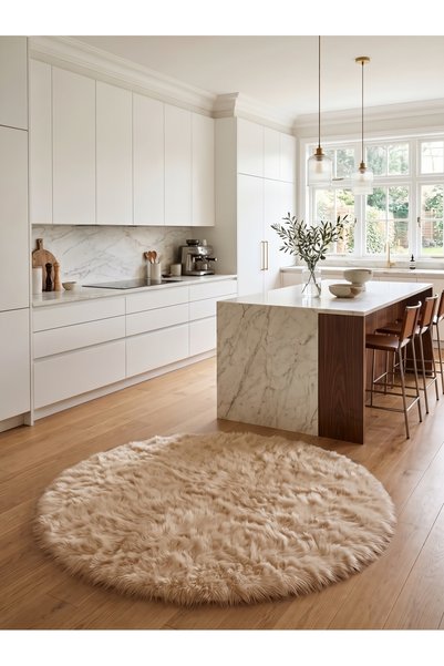 SOFT DECOR Bej Kaymaz Taban Peluş Yuvarlak Daire Kesme Mutfak Halısı Tozumaz ...