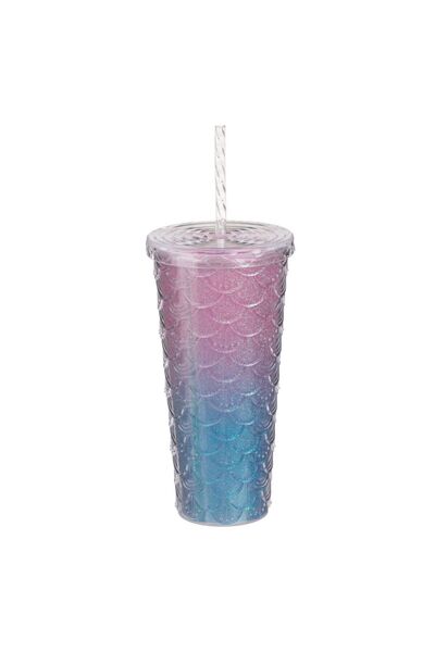 OEM Πλαστικό ποτήρι Mermaid με καλαμάκι και καπάκι 680ml