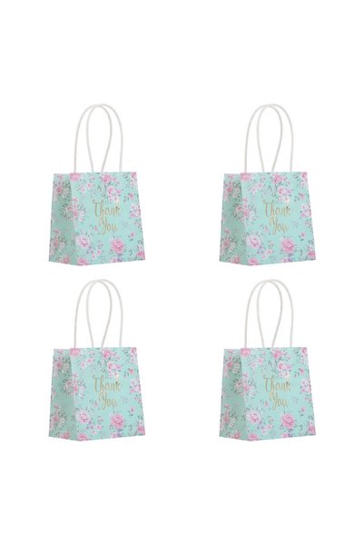 OEM Mint Green Kraft Paper Gift Bags Set with Floral Pattern 10x7x11cm - 4pcs