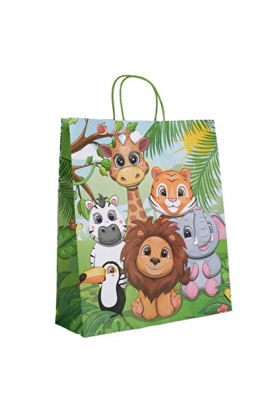 OEM Sacosa Cadou din Hartie Kraft Verde cu Model Animale din Jungla 36x12x41cm
