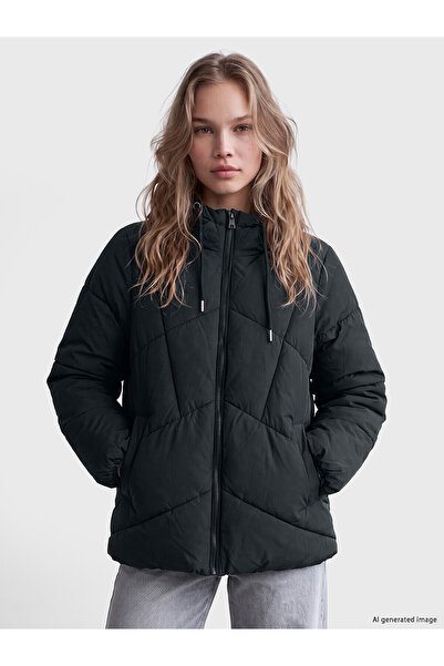 LC Waikiki Alita City Lcw Vision Black Hooded Oversize Women's Puffer Coat wi...