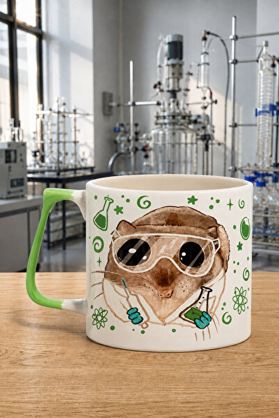Mor Mürekkep Sad Üzgün Hamster Kimya Mühendisi Baskılı Yeşil Kulplu Prime Kup...