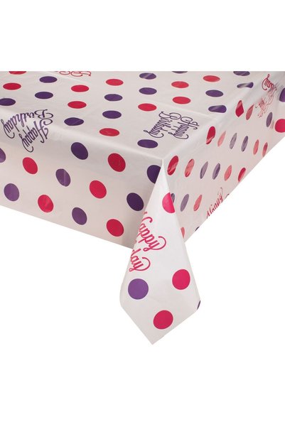 OEM Fata de Masa de Petrecere din Plastic Alba cu Buline Fucsia Mov Happy Bir...