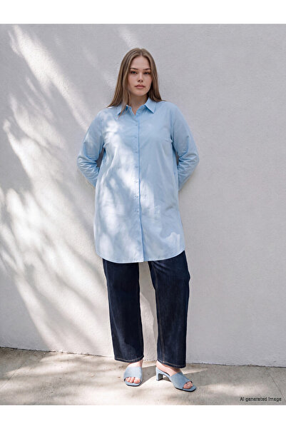 LC Waikiki Vizyon New Season Blue Plus Size 100% Cotton Women's Shirt Tunic