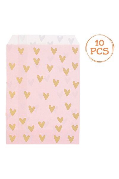 OEM Pink Paper Bags with Gold Foil Hearts for Sweets 13x17.5cm - 10pcs